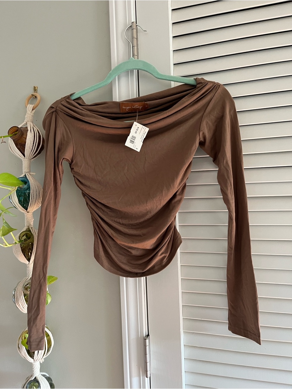 Ruched Brown Long-Sleeve Boatneck Top by Beige Botany